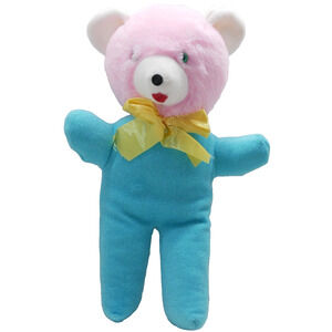 Vintage Dollcraft Industries Teddy Bear Plush Pink Blue With Yellow Ribbon 18”
